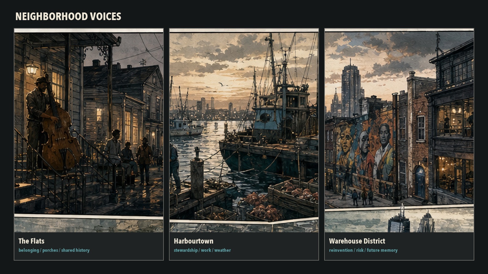 Concept panels showing The Flats, Harbourtown, and the Warehouse District.