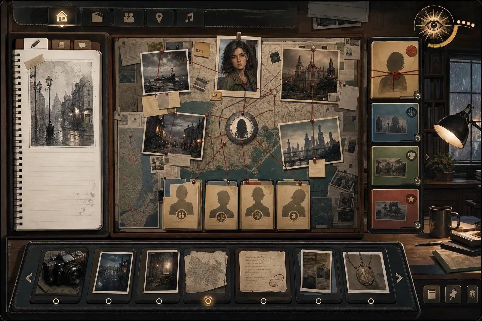 Saint Meridian concept interface showing a physical case board, notebook, photographs, maps, and evidence cards.
