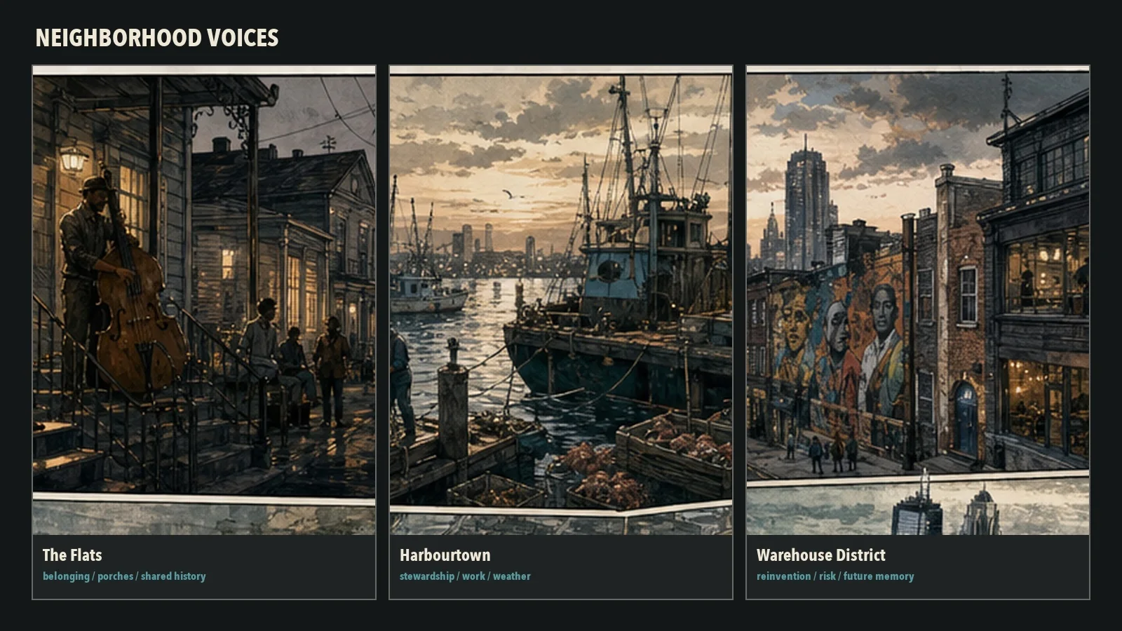 Concept panels showing The Flats, Harbourtown, and the Warehouse District.