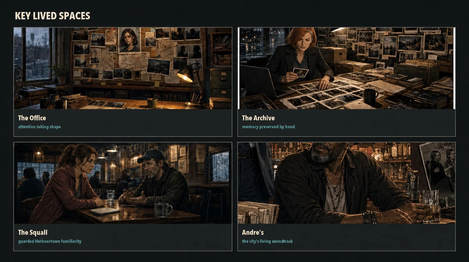 Concept panels showing the Office, Nina’s Archive, The Squall, and Andre’s.